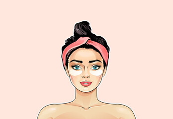 Woman applies collagen eye patches on her face as self care anti aging routine and treatment for dark circles, eye bags vector illustration in pop art style