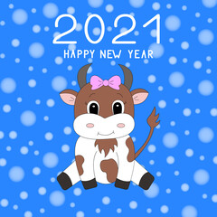 Cartoon cow. New year background 2021. Vector illustration.