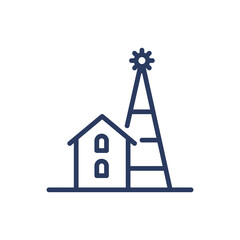 Farmers family celebrating Christmas thin line icon. House, farm, Xmas tree isolated outline sign. Countryside, harvest season concept. Vector illustration symbol element for web design and apps