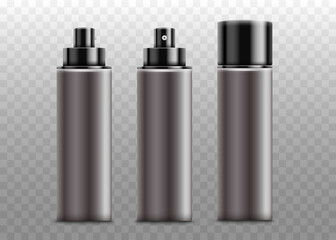 Set of realistic mockup sprays in a plastic and metal bottle with a cap.