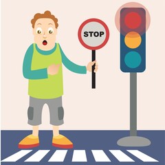 boy holding stop board