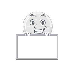 Funny cartoon design style tablet drug standing behind a board