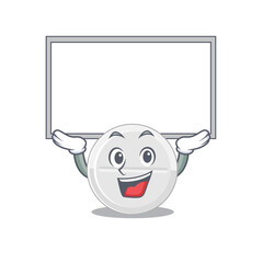 Mascot character of tablet drug rise up a white board