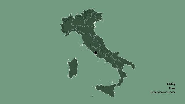 Sicily, autonomous region of Italy, with its capital, localized, outlined and zoomed with informative overlays on a administrative map in the Stereographic projection. Animation 3D