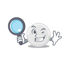 cartoon mascot design of tablet drug super Detective breaking the case using tools