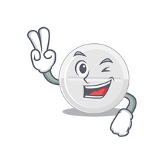 A joyful tablet drug cartoon mascot style show two fingers pose