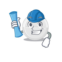 Caricature design concept of tablet drug Architect with new city landscape blue prints