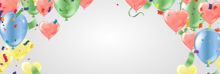 Border of realistic colorful helium balloons isolated on background. Party decoration frame for birthday, anniversary