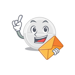 A picture of cheerful tablet drug caricature design concept having an envelope