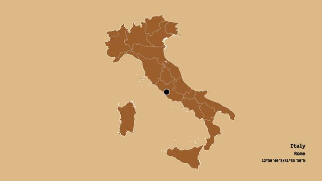 Toscana, region of Italy, with its capital, localized, outlined and zoomed with informative overlays on a solid patterned map in the Stereographic projection. Animation 3D