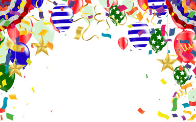 Border of realistic colorful helium balloons isolated on background. Party decoration frame for birthday, anniversary