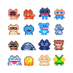 Pixel art cute animals characters icons set, mosaic design, cat, dog, chick, isolated vector illustration. Design for stickers, logo, embroidery and mobile app. Video game assets 8-bit.