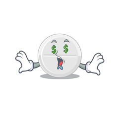 happy rich cartoon concept of tablet drug with money eyes