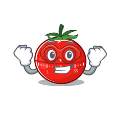 A cartoon mascot of tomato kitchen timer in a fantastic Super hero character