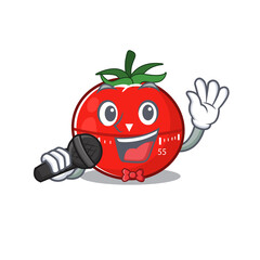 caricature character of tomato kitchen timer happy singing with a microphone
