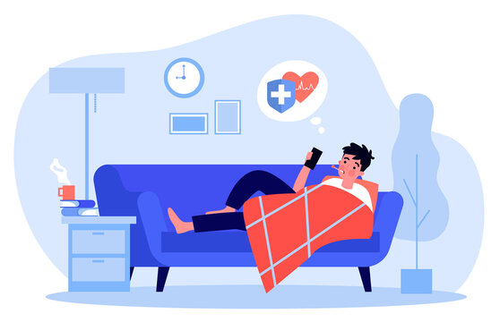 Sick man calling ambulance. Guy with thermometer in mouth checking heartbeat rate with phone app flat vector illustration. Fever, flu, illness concept for banner, website design or landing web page