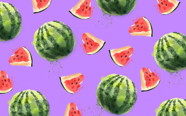 Seamless pattern with watermelon. Group of watermelon. Fruit pattern. Watercolor fruit.