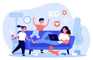Mom with laptop living on social media. Children and pet making messy at home. flat vector illustration. Careless mother, internet addiction concept for banner, website design or landing web page