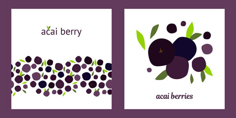 set of two templates. seamless design and illustration with Acai berries and leaves on a white background. modern abstract design for packaging, print for clothes, fabric