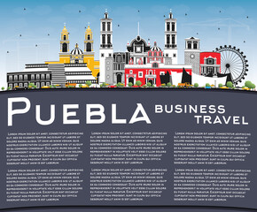 Puebla Mexico City Skyline with Color Buildings, Blue Sky and Copy Space.