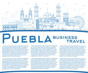 Outline Puebla Mexico City Skyline with Blue Buildings and Copy Space.