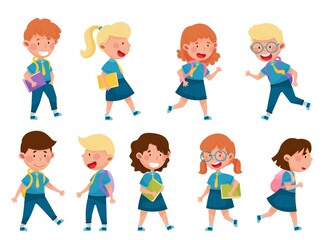 Boy and Girl Characters Wearing School Uniform and Backpack Walking and Running to School Vector Illustration Set
