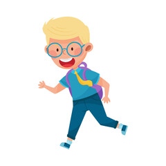 Cute Boy Character Wearing School Uniform and Backpack Running to School Vector Illustration
