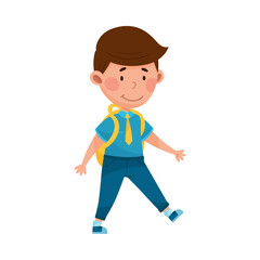 Cute Boy Character Wearing School Uniform and Backpack Walking to School Vector Illustration