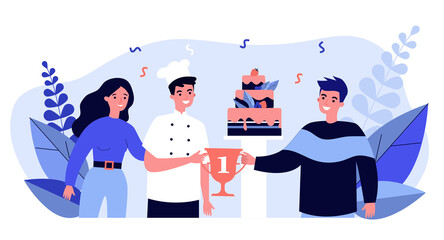 Chef winning dessert competition. Cook getting winner cup for cake, celebrating victory flat vector illustration. Cooking, pastry, prize concept for banner, website design or landing web page