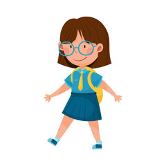 Cute Girl Character Wearing School Uniform and Backpack Walking to School Vector Illustration