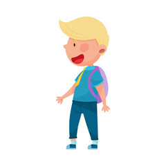 Cute Boy Character Wearing School Uniform and Backpack Walking to School Vector Illustration