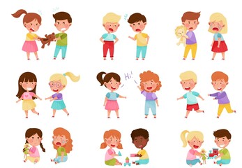 Friendly and Hostile Kids Playing Together Vector Illustrations Set