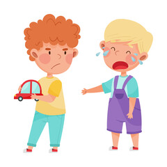 Hostile Kid with Angry Grimace Taking Away Toy Car from His Crying Agemate Vector Illustration