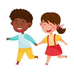 Friendly Kids Playing Together Isolated on White Background Vector Illustration