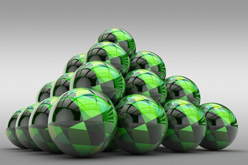 3D pyramid of spheres with a glossy finish and an abstract pattern in the form of geometric shapes