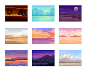 Picturesque Nature Landscapes with Sunset and Sunrise Vector Illustrations Set