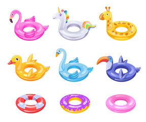 Children inflatable rings set. Rubber donuts, pink flamingo, duck, unicorn for kids in swimming pool. Can be used for pool party, summer vacation, beach concepts