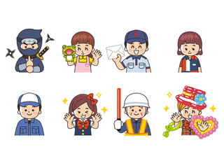 職業いろいろ　忍者　保育士　郵便局員　コンビニ店員　自動車整備士　アイドル　警備員　バルーンアーティスト