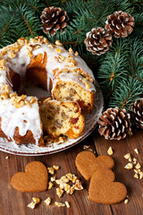 Traditional fruitcake for Christmas dinner, selective focus