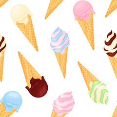 Colored cartoon ice cream. Seamless pattern. Vector illustration isolated on a white background.