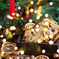 Christmas still life with raisins cake