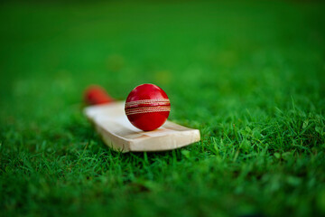 leather Cricket ball resting on a cricket bat placed on green grass cricket ground pitch