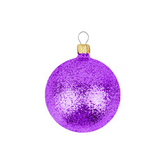 One purple glass ball white background isolated close up, blue Сhristmas tree decoration, single shiny round bauble, traditional new year holiday decor design element, decorative pink xmas hanging toy