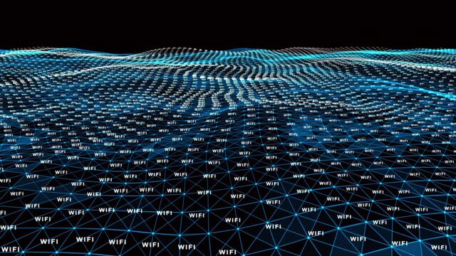 4k abstract Digital blue Wave of particles with text wifi dance motion on wave and light.Futuristic dots background with a dynamic wave.Big data.Cyber or technology background.