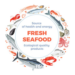 Seafood banner. Vector illustration in cartoon flat style. Various fish and marine animals. Round frame, label, sticker.