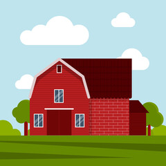 Country farm house on a green meadow, agricultural construction. Flat vector illustration on a background of blue sky with clouds