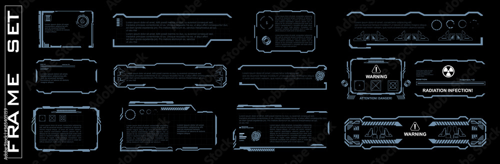 Fototapete set of screen elements. hud, gui, ui the user interface for game application. set of frames on black