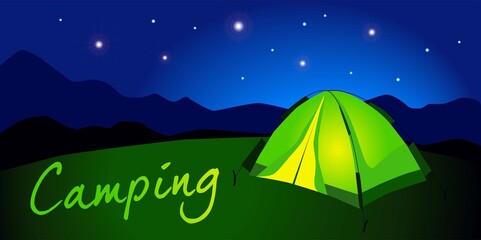 camping, tourist tent, starry night, vector illustration