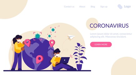 Coronivirus Distribution News Concept. A man and a woman near the planet with pins over the centers of the virus spread. Modern flat illustration.