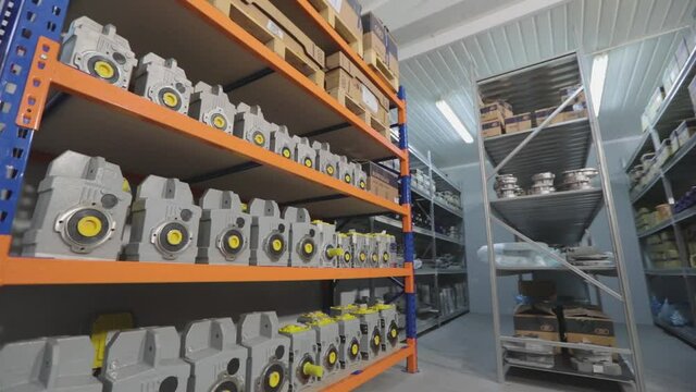 Warehouse with gearboxes, warehouse for manufacturing gear motors, gear motors in stock